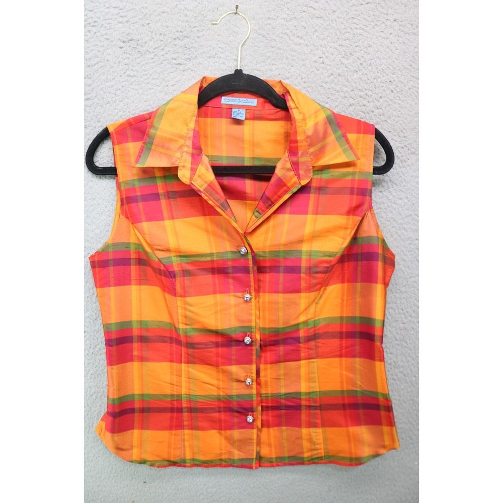The Denim Tailor 100% Silk Sleeveless Bling Button-Up Top-8-Plaid-Preppy